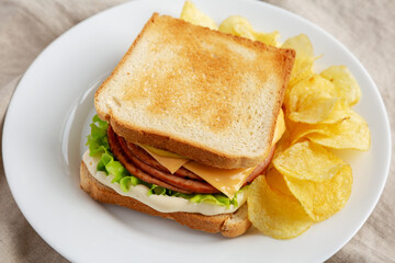 Homemade Fried Bologna and Cheese Sandwich with Chips on a Plate, side view.