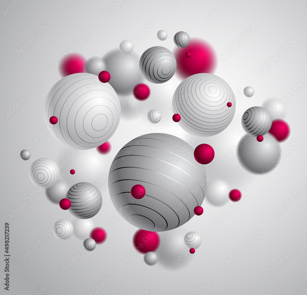 Poster realistic lined spheres vector illustration, abstract background with beautiful balls with lines and