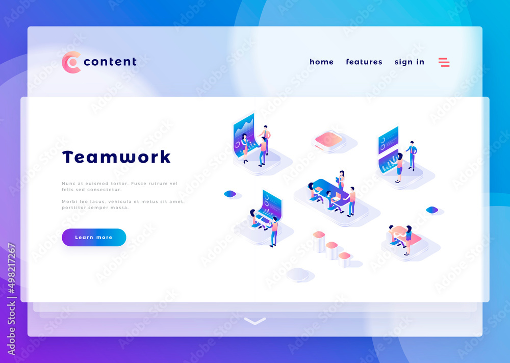 Wall mural teamwork office people and interact with computers. landing page template. 3d isometric vector illus