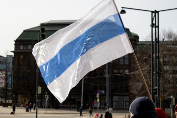 Russian anti war white-blue-white flag in Helsinki, Finlnad.