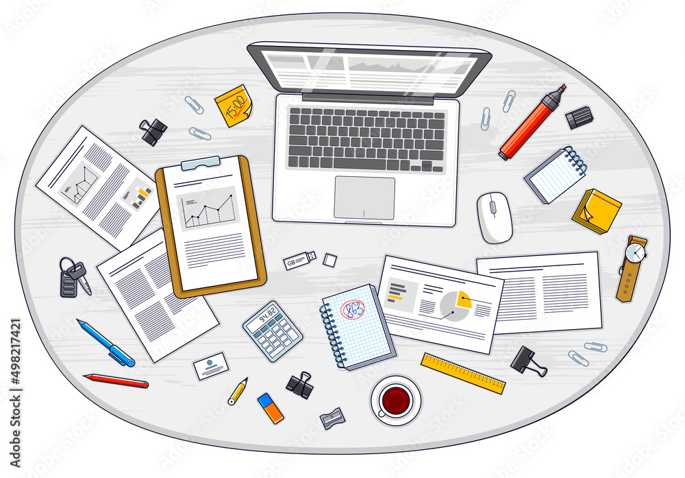 Fototapete Work desk workspace top view with PC notebook and analytics papers with graphs and data and stationery objects on table. All elements are easy to use separately or recompose illustration. Vector.