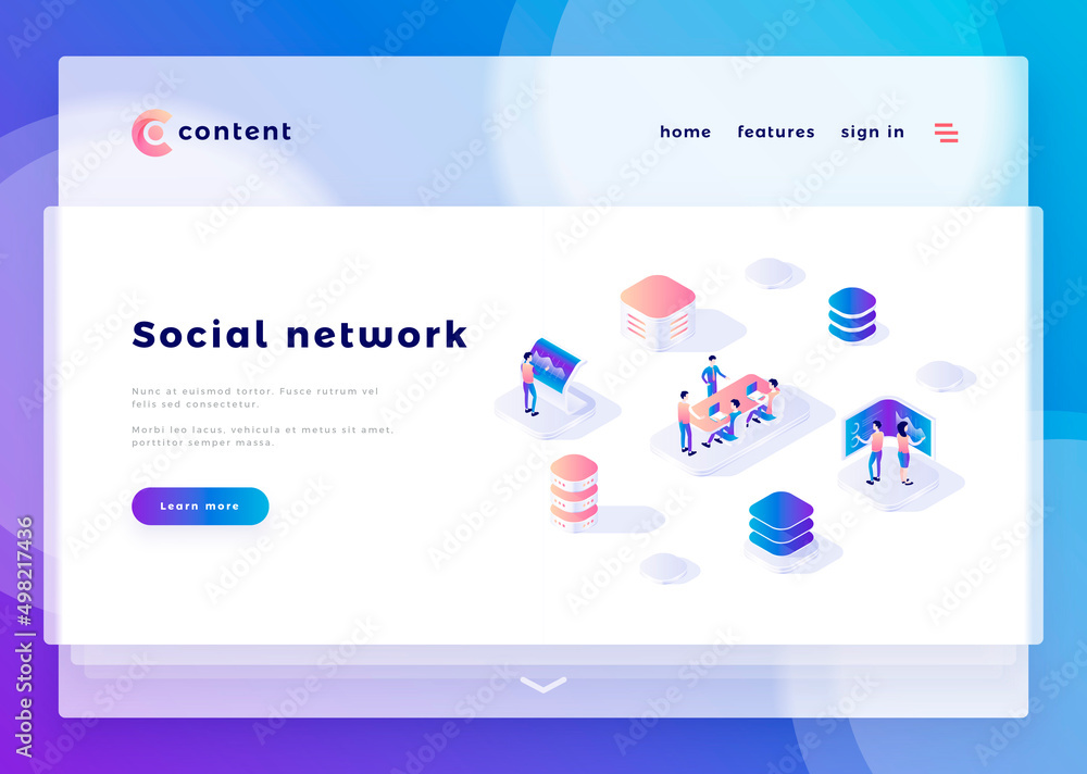 Wall mural social network office people and interact with computers. landing page template. 3d isometric vector