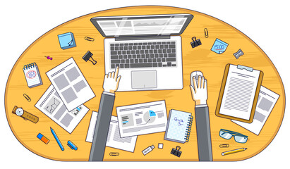 Business analysis, office worker or entrepreneur businessman working on a PC notebook and papers with financial analytics, top view of work desk with stationery and documents and hands. Vector.