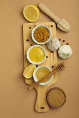 Concept of cooking honey mustard sauce, top view