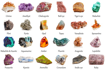 beautiful collection of geological minerals on a white background