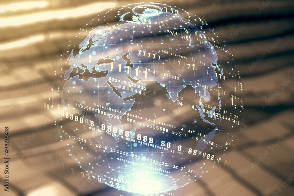 Poster multi exposure of abstract programming language hologram and world map on shiny metal background, ar
