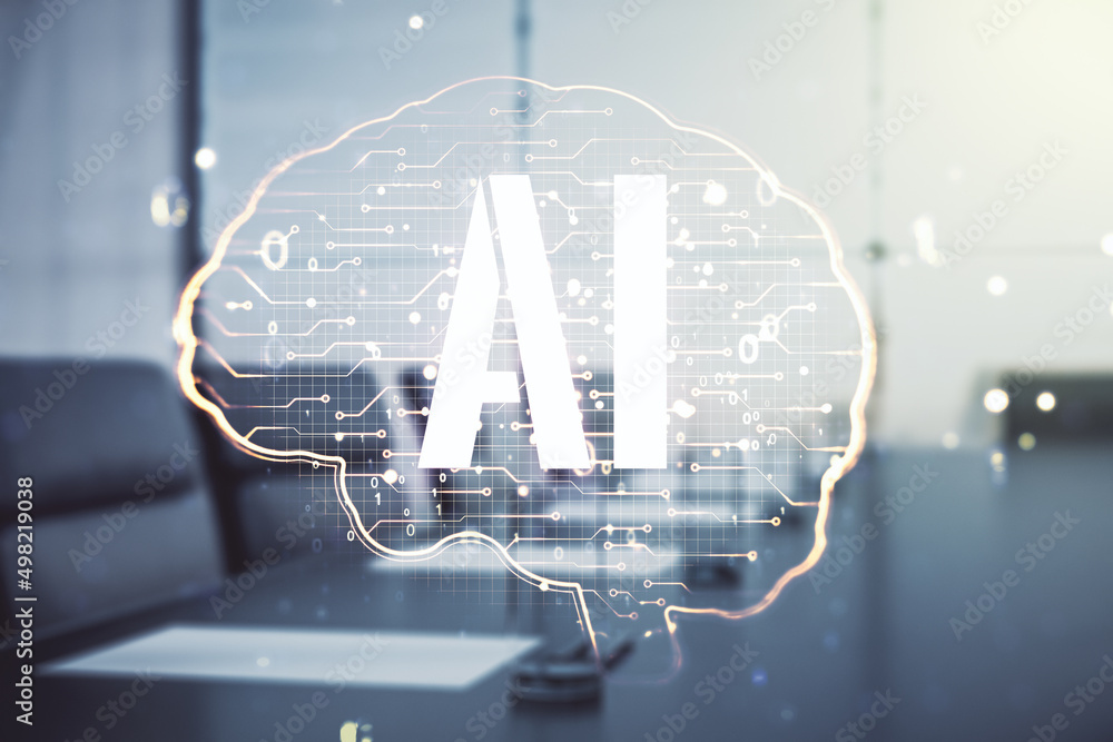 Poster double exposure of creative artificial intelligence interface on a modern meeting room background. n