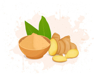 Ginger powder bowl with ginger root vector illustration with ginger pieces and green leaves