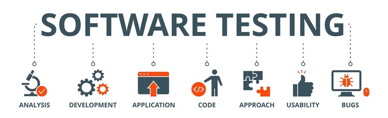 Software testing banner web icon vector illustration concept with icon of analysis, development, application, code, approach, usability, and bugs