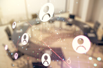 Double exposure of abstract virtual social network icons on a modern meeting room background. Marketing and promotion concept