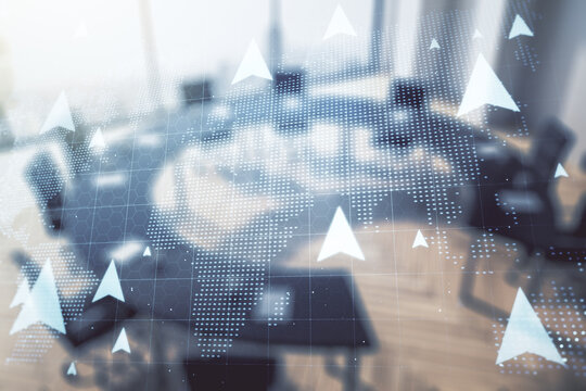 Abstract virtual GPS locator sketch with world map on a modern coworking room background, monitoring and tracking concept. Multi exposure