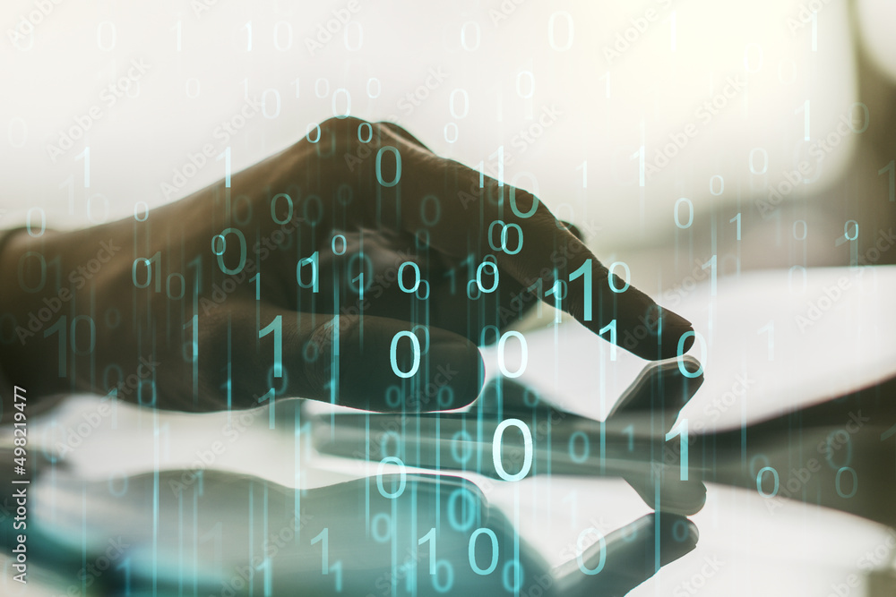Aufkleber creative abstract binary code hologram and finger presses on a digital tablet on background, ai and 