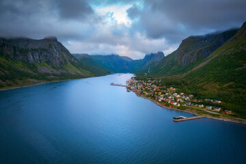 Aerial view of the Gryllefjord village and fjord on Senja Island, Norway