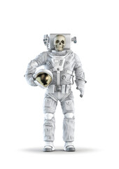 Dead astronaut concept - 3D illustration of skull faced space suit wearing male figure isolated on white studio background