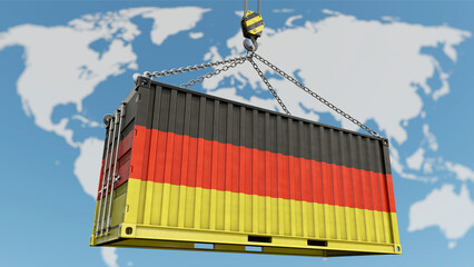 Deutsche Exportwirtschaft - Container in Schwarz Rot Gold mit Weltkarte im Hintergrund