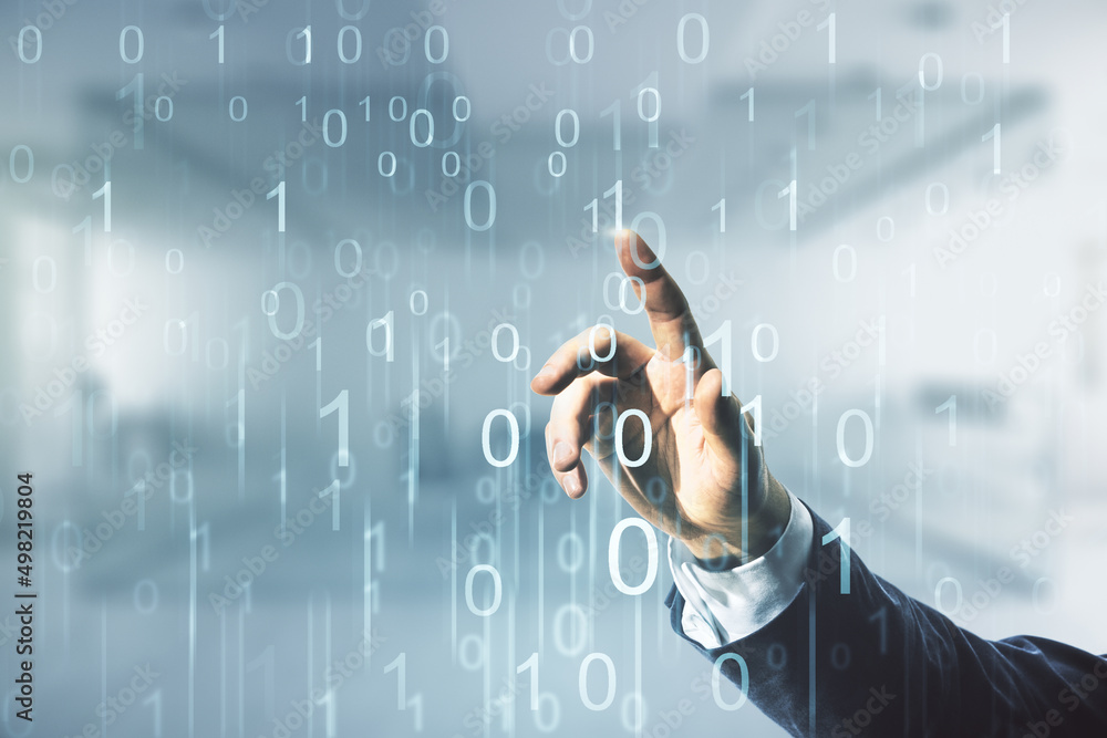 Poster man hand working with abstract virtual binary code illustration on blurred office background. big da