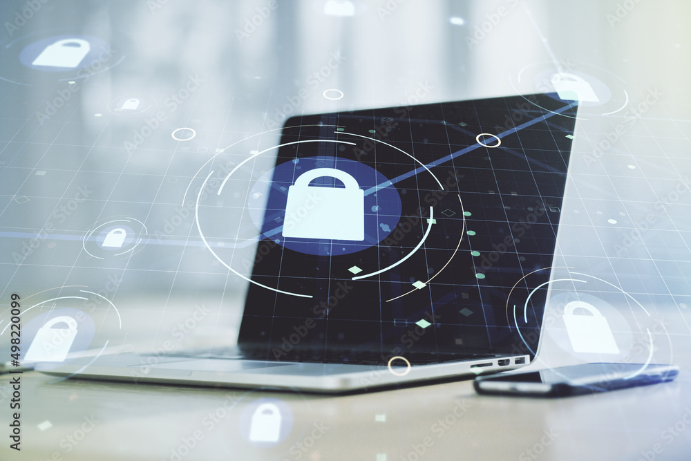 Poster Creative idea concept with lock symbol and microcircuit illustration on modern laptop background. Protection and firewall concept. Multiexposure