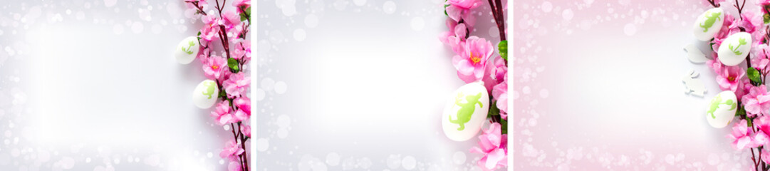 happy easter with easter eggs and flowers background collection. congratulatory easter background.