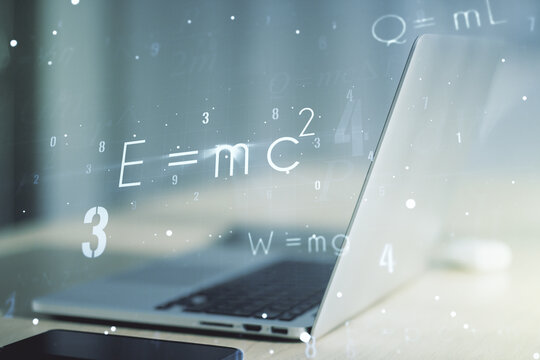 Creative scientific formula illustration on modern computer background, science and research concept. Multiexposure