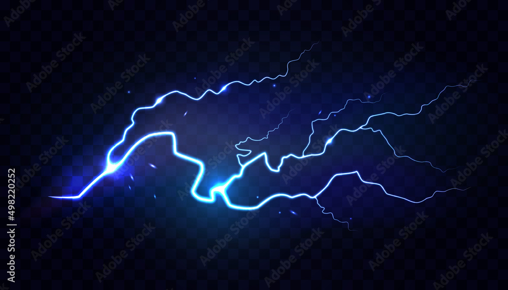 Poster neon spark, electric thunderbolt lightning realistic effect with shining and glowing. vector illustr