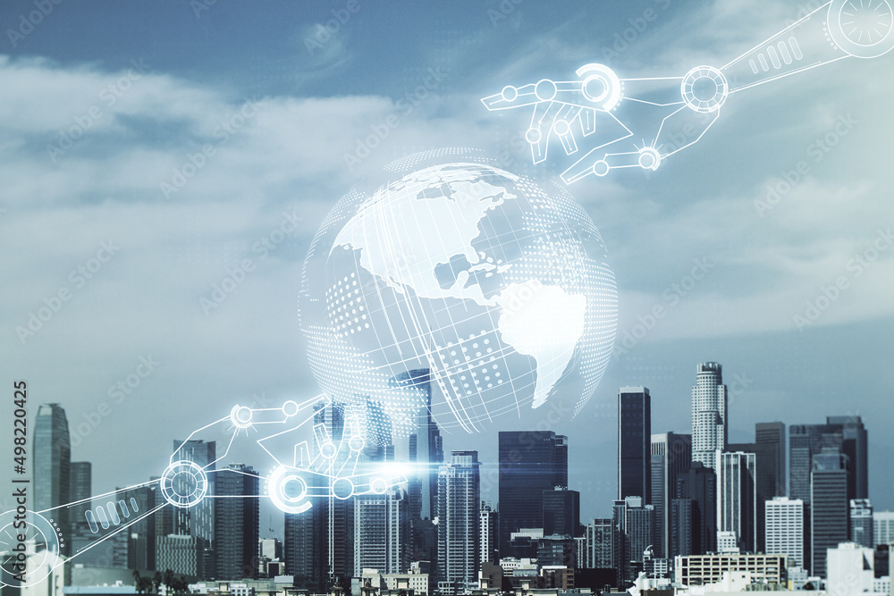 Aufkleber abstract virtual robotics technology hologram with globe sketch on los angeles skyline background. r
