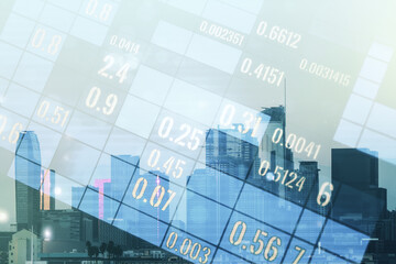 Multi exposure of stats data illustration on Los Angeles city skyline background, computing and analytics concept