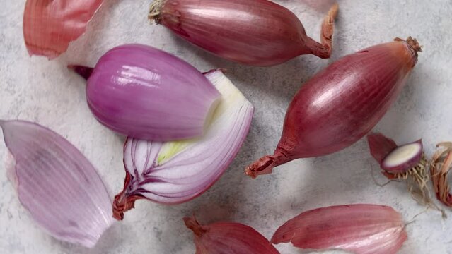 Fresh Tropea Red Onions Peeled And Cut On A Wooden Board Top View, Concept Of Cooking At Home In The Kitchen, Traditional Italian Cousin Ingredient