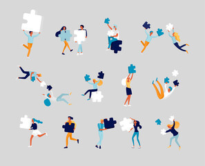 Fototapeta premium Vector character business people with infographic of puzzle have solution. Goal thinking. Cooperation by group to create a team. Concept for web design Colorful flat concept