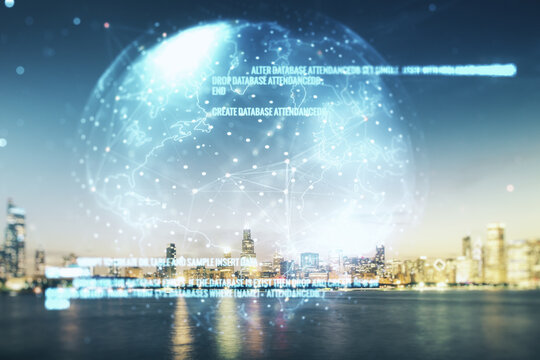 Multi exposure of abstract software development hologram and world map on Chicago skyscrapers background, global research and analytics concept