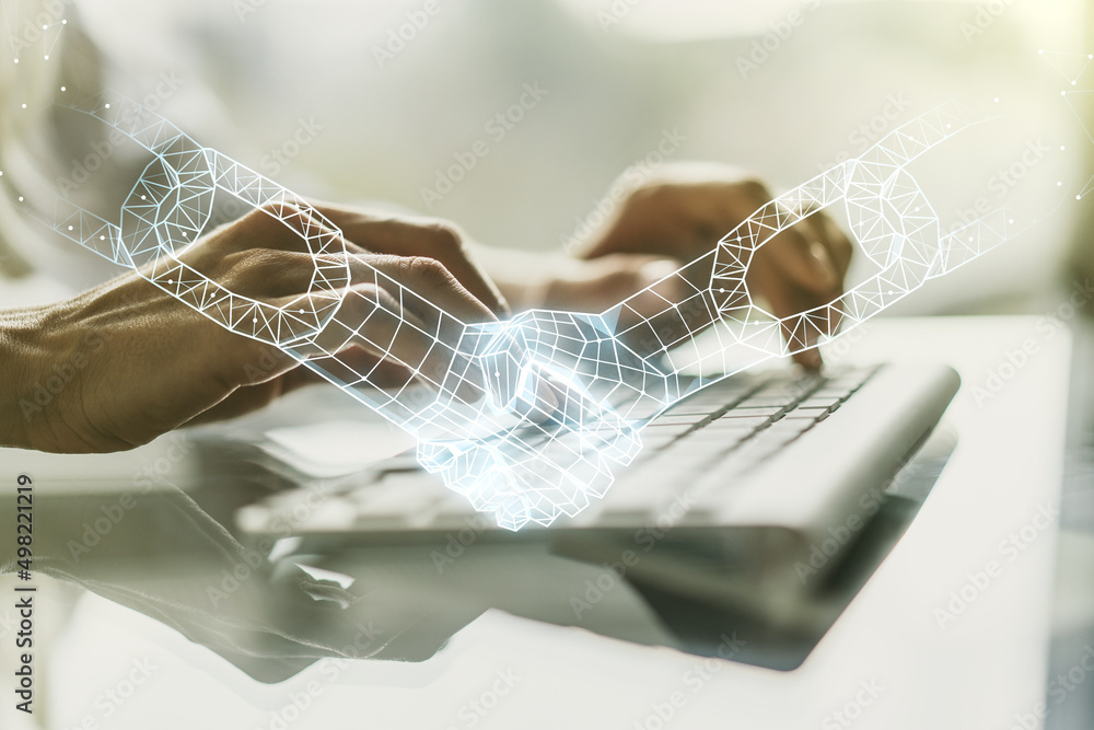 Poster double exposure of blockchain technology with handshake hologram and hands typing on laptop on backg