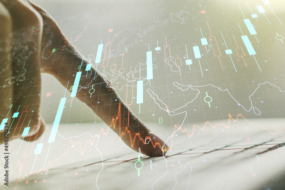 Poster Multi exposure of abstract creative financial chart with world map and with hand typing on computer keyboard on background, research and analytics concept