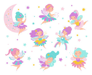 Fairy little princess. Cartoon cute fairies flying and rest on moon. Child tale doll and magic characters. Pretty dancers from children book, nowaday vector kit