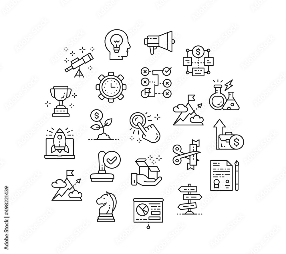 Aufkleber start up line icon set. time management, idea generation, presentation icons in a circle isolated on