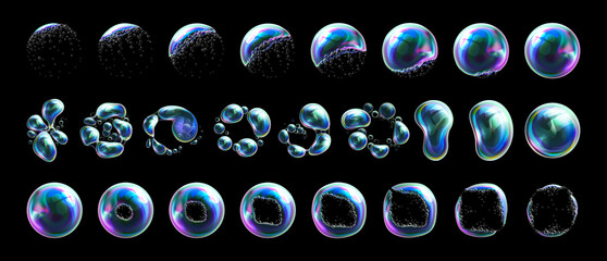 Sud and soap bubbles set, isolated deformation or explosion animation motion. Vector flat cartoon, design of bubbly water or shampoo soap with multicolored surface and glossy shining