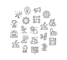 Start up line icon set. Time management, idea generation, presentation icons in a circle isolated on white background.