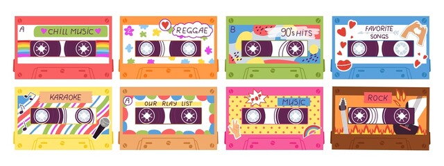 Cassette. 80s 90s audio tapes, retro music technology. Cartoon flat cassettes with stickers, mix songs, pop hits romantic and disco, decent vector kit