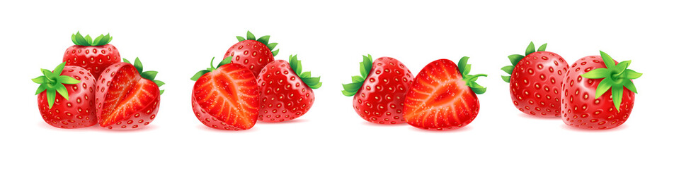 Piles of natural strawberry, isolated fresh and ripe berry summer food snack. Vector flat cartoon fruit with green leaves, realistic strawberry for juice, yogurt brand, vitamins and antioxidants