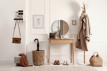 Modern hallway interior with stylish dressing table and key holder - Powered by Adobe