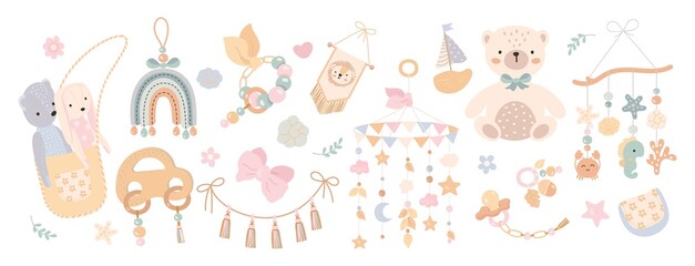 Cute baby toys. Scandinavian style toy, funny children elements collection. Plush bear and beads. Childish, newborn nowaday vector art clipart