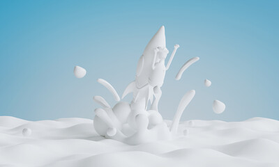 Man Flying on a Rocket. milk splash, 3D illustration