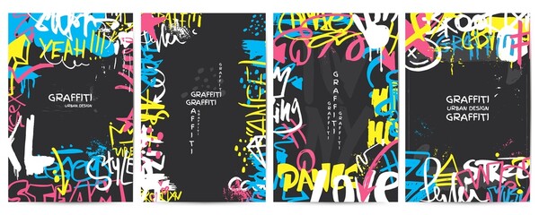 Graffiti posters. Street walls art banner, marker ink paint urban design. Neon colors drawing, spray and scribble elements. City style neoteric vector background - obrazy, fototapety, plakaty