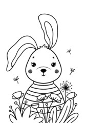 Cute cartoon rabbit character outline. Simply easy coloring page for kids. Contour drawing characters nursery design elements for poster, cards, coloring book