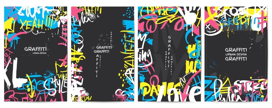 Graffiti posters. Street walls art banner, marker ink paint urban design. Neon colors drawing, spray and scribble elements. City style neoteric vector background