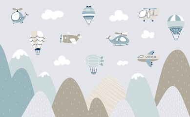Scandinavian style kids landscape. Aircraft flying over mountain, childish banner with air transport and rocks. Nursery print, cartoon nowaday vector background