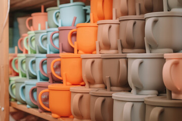 Multicolored silicone baby tableware stack with handles and forms on shelf of the store. Child healthcare, ecological utensil. Kid accessories equipment. Nutrition and feeding concept. Close up