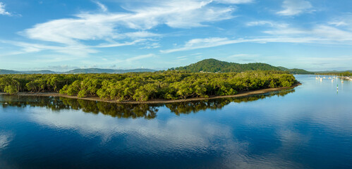 Early evening flight over the bay