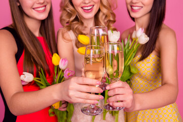 Cropped photo of three positive ladies hold clink alcohol glass enjoy occasion isolated on pink color background
