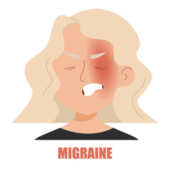 Woman suffering from migraine vector isolated. Headache on the one side of the head. Problems with health. Unhappy girl in despair. Young woman tired of the migraine.