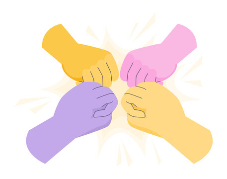Hands of group of people putting together. Characters supporting