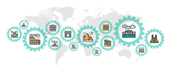 Travel Landmark banner with colored web icons. Egypt, Italy, United Kingdom, France, India, USA concept banner background.